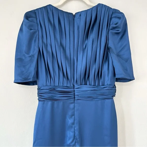 Mac Duggal Silky Pleated Maxi Dress Puff Sleeve Draped Slit Wedding Guest - Picture 8 of 12